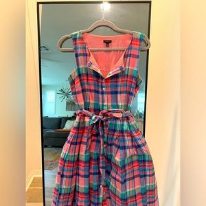 TALBOTS Madras sleeveless pink blue plaid button front midi dress with belt